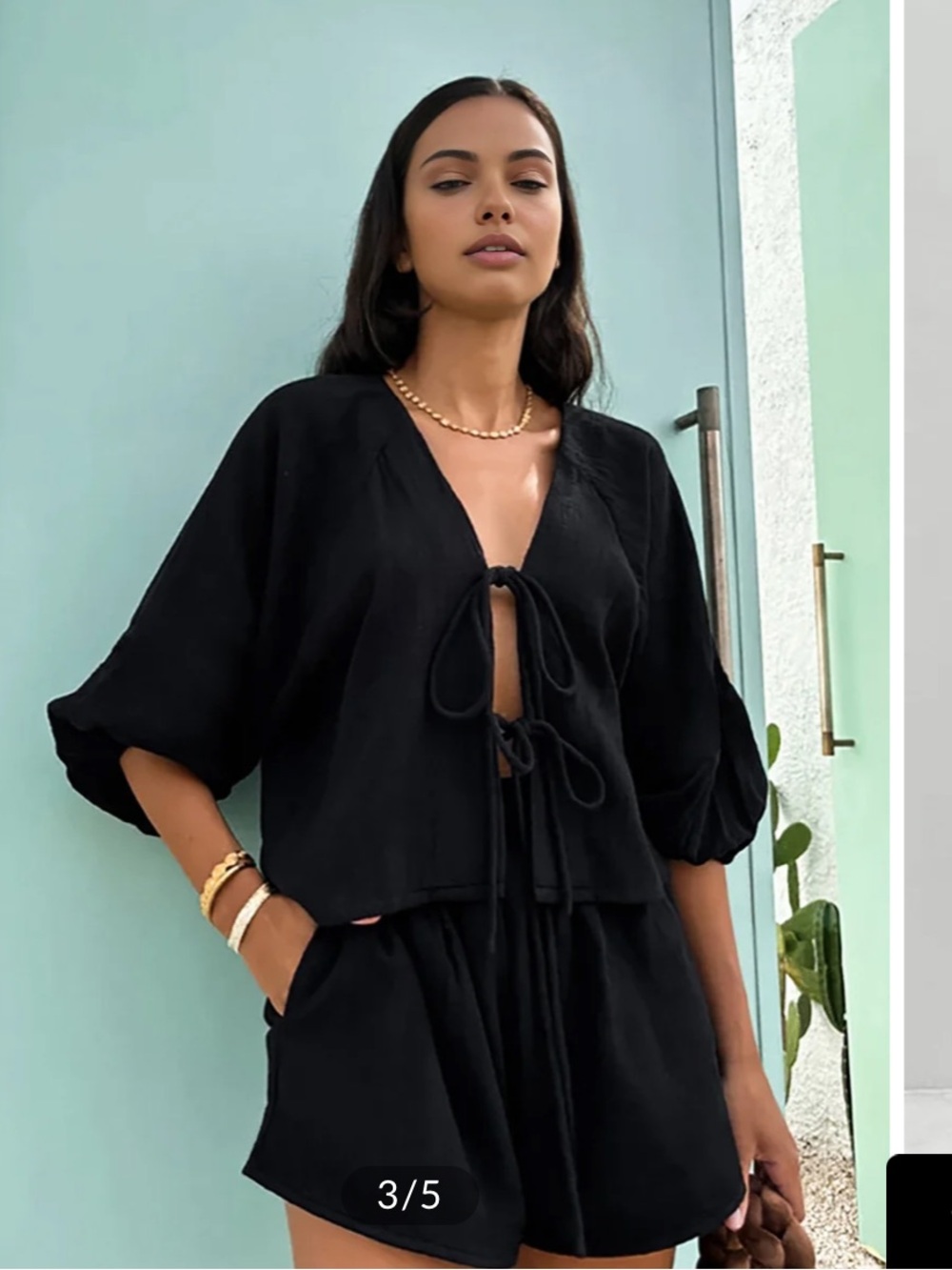 Commense Cotton Tie-Front Long Sleeve Shorts Set Black Size Small